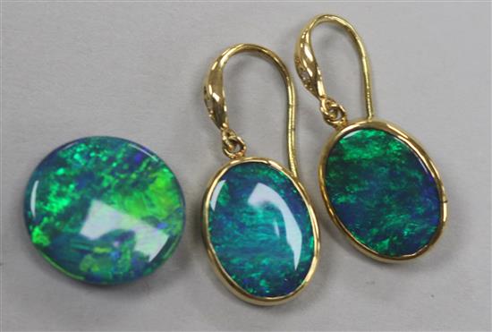 A pair of 18ct gold, black opal and diamond oval drop earrings and an unmounted black opal.